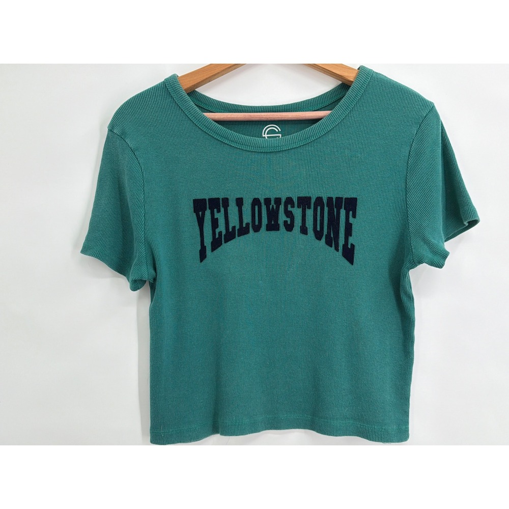 Social Culture Yellowstone Ribbed Crop Top Teal Green Cotton Graphic Tee Large